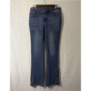 Flamingals Flared Jeans Womens Sz L (32x32) Mid Rise Side Seam Detail Stretch
